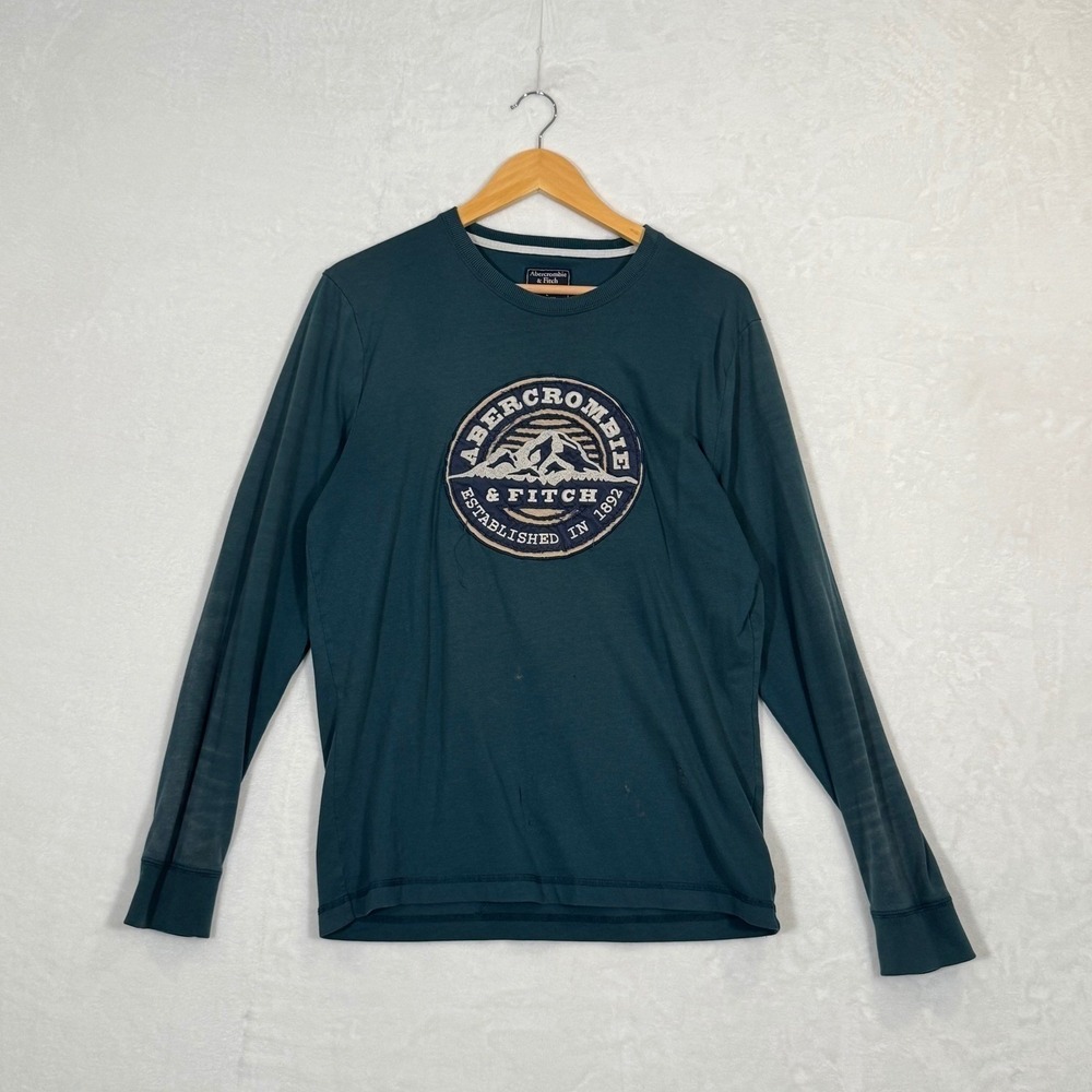 Abercrombie & Fitch Mens Long Sleeve Graphic T-Shirt Teal Green Mountain Logo L